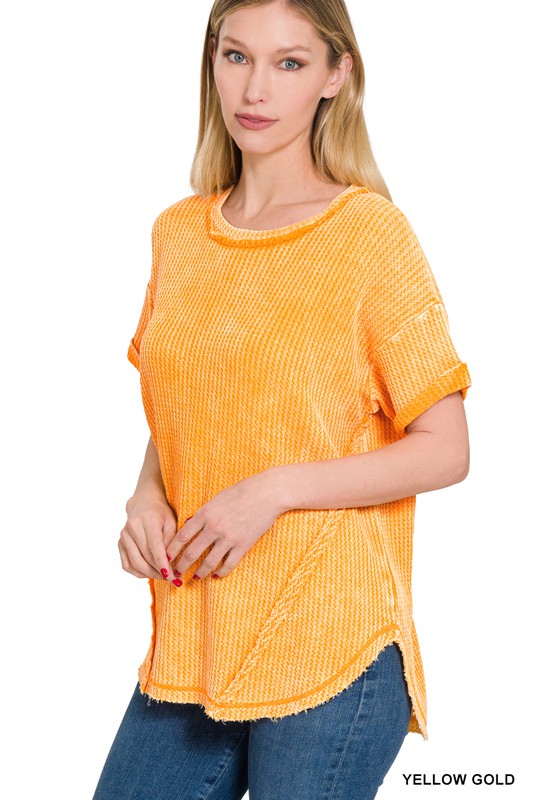 WASHED WAFFLE ROLLED UP SHORT SLEEVE TOP